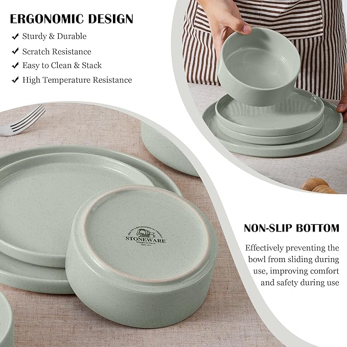 E-far Stoneware Dinnerware Sets, 12-Piece Plates and Bowls Dish Set for 4, Kitchen Modern Dinning Ware, Chip and Scratch Resistant, Microwave & Dishwasher Safe, Speckled Green