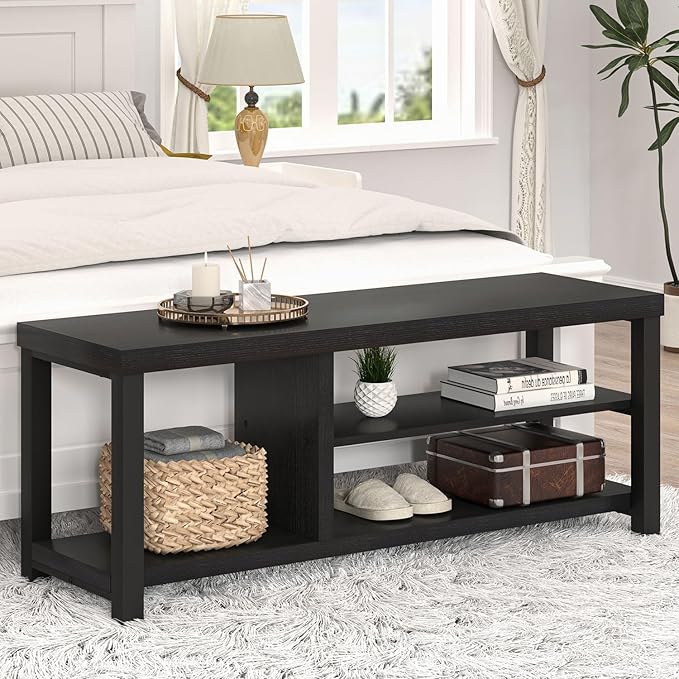 EXCEFUR Shoe Bench, Rustic Wooden Storage Bench for Entryway Hallway, Industrial Indoor Shoe Rack Bench Seat for Living Room Bedroom, 43.3 Inch Black