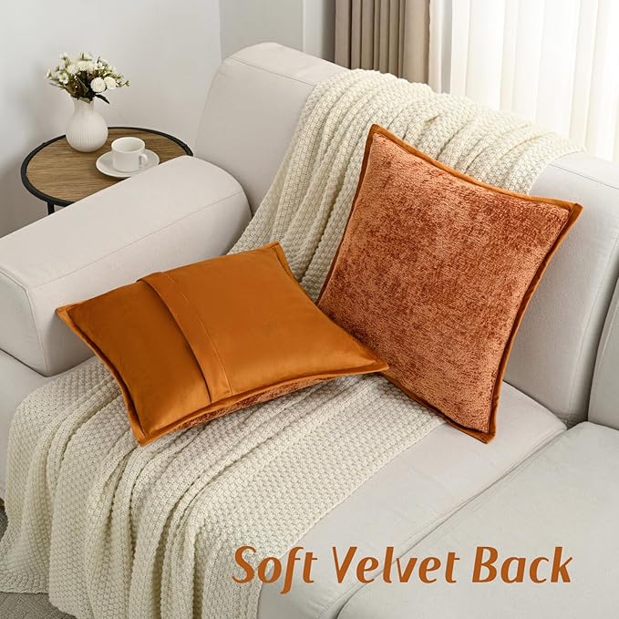 FUTEI Rust Chenille Throw Pillow Covers 18x18 Inch Set of 2,Soft Cozy Bound Edge Design Cushion Case,Home Decor for Couch Bed Living Room