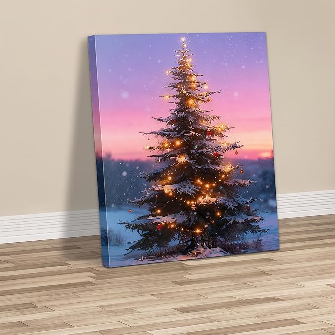 Framed Christmas Pictures Wall Decor,Vintage Pine Tree Prints,Winter Christmas Canvas Wall Art Decoration for Bedroom Bathroom Living Room Rustic Xmas Holiday Gifts (Christmas Tree 12, 16'' X 20'')