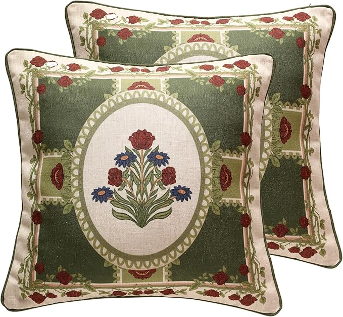 Design Linen Square Throw Pillow Covers 18"x18" Pack of 2, Yellow Green French Cushion Covers with Red Rose Floral Pattern Decoration Pillowcases for Bed, Living Room, Outdoor, Car