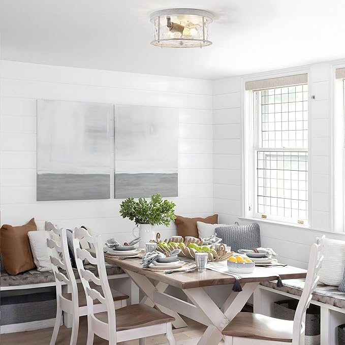 LamQee Flush Mount Ceiling Light with Clear Hammered Glass, Industrial 2-Lights Farmhouse Close to Ceiling Light Fixtures Round Low Profile for Kitchen Hallway Foyer Entrance Bedroom Rustic White