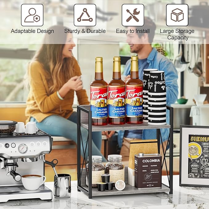 Giikin Coffee Bar Accessories, 2 Tier Spice Rack for Counter, Gray Kitchen Countertop Organizer (Grey, L)