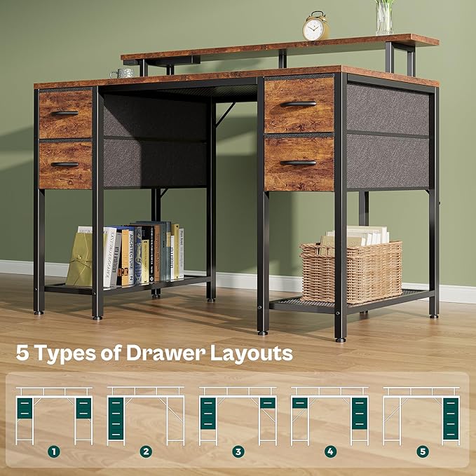 Huuger 47 inch Computer Desk with 4 Drawers, Gaming Desk with LED Lights & Power Outlets, Home Office Desk with Large Storage Space for Bedroom, Work from Home, Rustic Brown