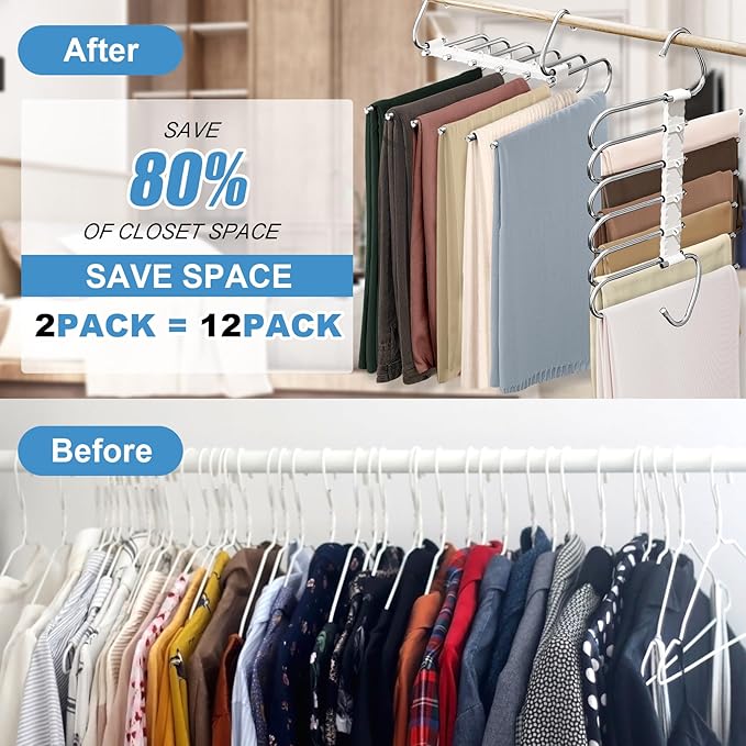 Upgrade 6 Layers Pants Hangers Space Saving, 2 Pack Non Slip Stainless Steel Multifunctional Pants Rack S-Type Pant Closet Hanger Organizer with Hooks for Pants Leggings Trousers, Antiquewhite