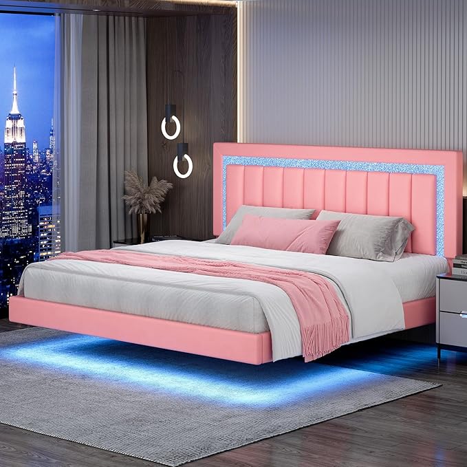 HOMBCK Floating Bed Frame King with Smart LED Lights, Faux Leather Upholstered Bed with Diamond PU Headboard, No Box Spring Needed, Noise-Free, Easy Assembly, Pink