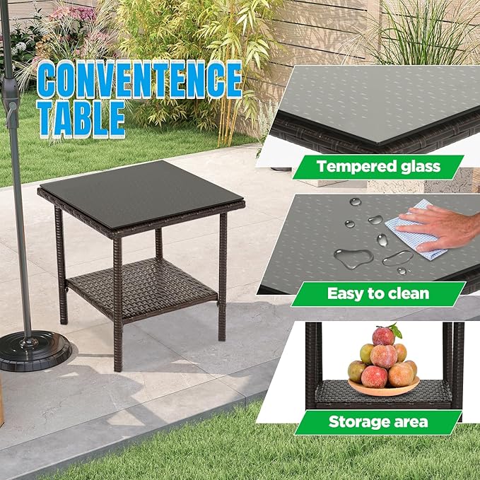 FDW | 3-Piece Patio Furniture Set | Brown & Blue | Outdoor Wicker Furniture with Coffee Table | Modern Rattan Chairs Conversation Set | Outdoor Seating | Weather-Resistant | for Porch, Garden, Lawn