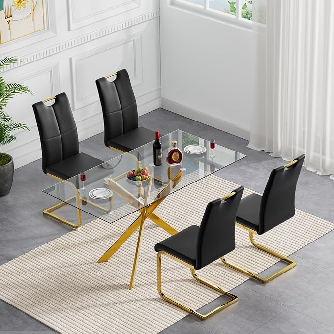 51'' Gold Glass Dining Table Set for 4,5 Piece Kitchen Table and Chairs Set with Metal Legs and 4 PU Leather Dining Chairs for Kitchen Room Small Spaces