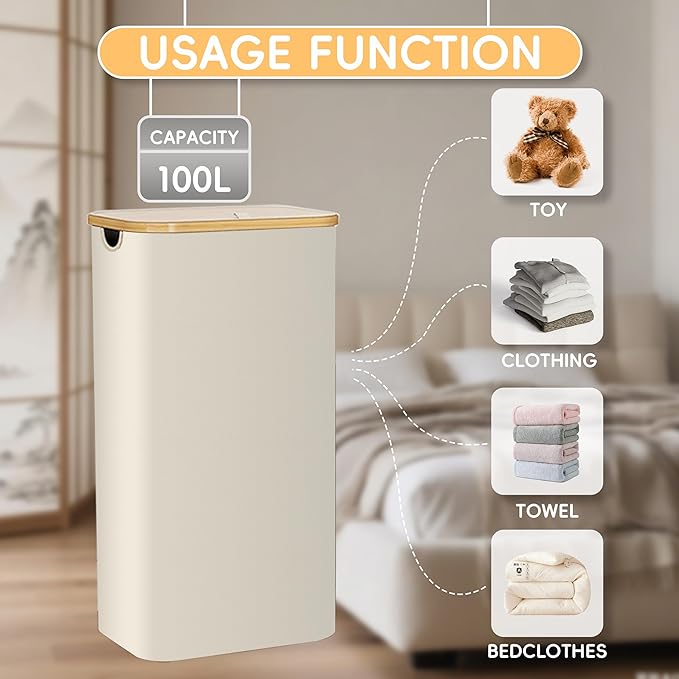 100L Laundry Hamper with Lid,Collapsible Laundry Basket, Dirty Clothes Basket, Storage Case with Bamboo Support - Handles - Removable Inner Bag - 2x Washing Mesh Bags for Bedroom Dorm Bathroom (Beige)