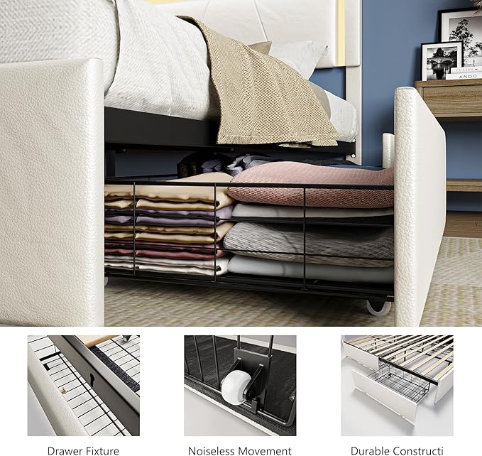 Full Size Bed Frame with Adjustable Headboard, Upholstered Platform Bed with 4 Storage Drawers, Wooden Slats Support, Built in Charging Station & LED, Noise-Free, No Box Spring Needed, Beige