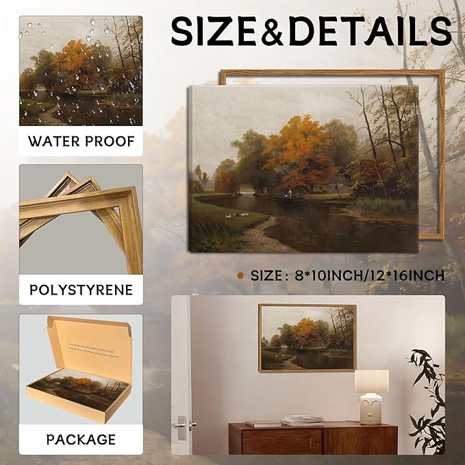 Floating Framed Canvas Wall Art Decor – Vintage Autumn by the Water Landscape Paintings Prints, Nature Countryside Pictures Wall Decor for Living Room Bedroom Office Decoration 8x10 inch