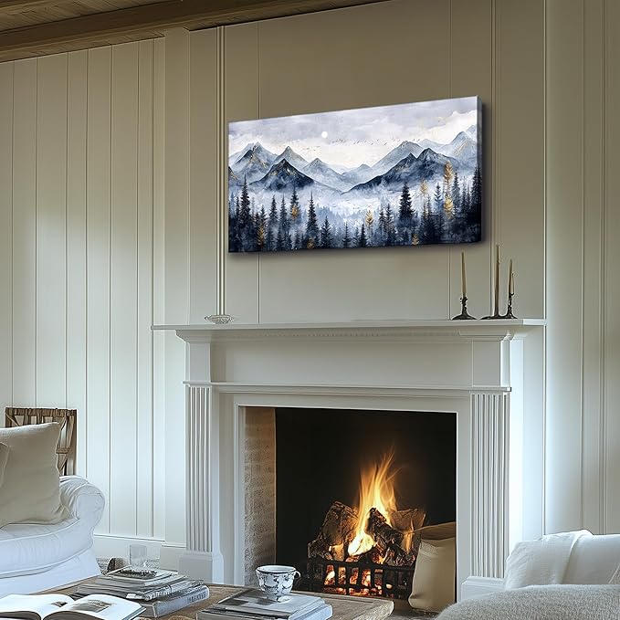 SERIMINO Mountain Landscape Large Wall Art, Misty Forest Canvas Prints, Blue Gold Watercolor Pine Tree Paintings Wall Decor Living Room Bedroom, Natural Scenery Office Decor Pictures 30"X60"