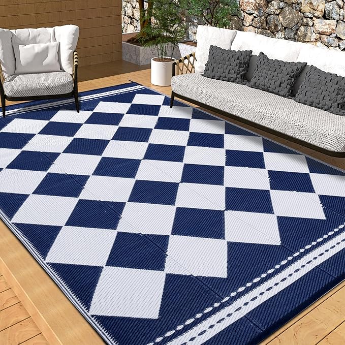 OMERAI Reversible Waterproof Outdoor Rug for Backyard,Plastic Textured Resistant Outdoors Rugs,Portable Washable Easy Cleaning Foldable Camping Beach Carpet for Patio Courtyard, 8'x10' Blue & White