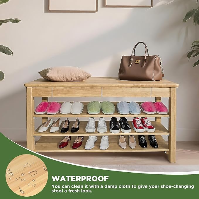 Wood Shoe Bench Entryway with Drawer: 3-Tiers Wooden Storage Shoe Rack with Bench Seat, Compact Mid-Century Modern Design for Entryway,Hallway,Closet,Front Door Entrance,Foyer Natural 39.3"