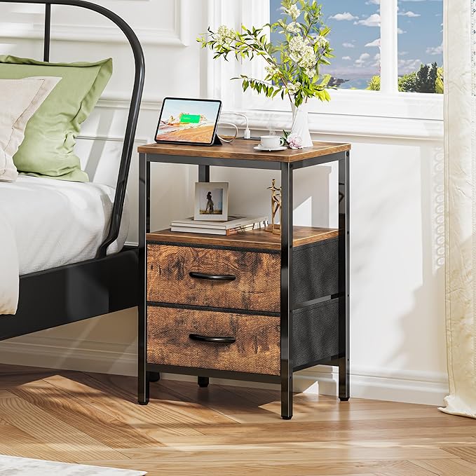Huuger Nightstand with Charging Station, Fabric Drawers, End Table with Open Shelf, Bedside Table with USB Ports and Outlets, Night Stand for Bedroom, Rustic Brown