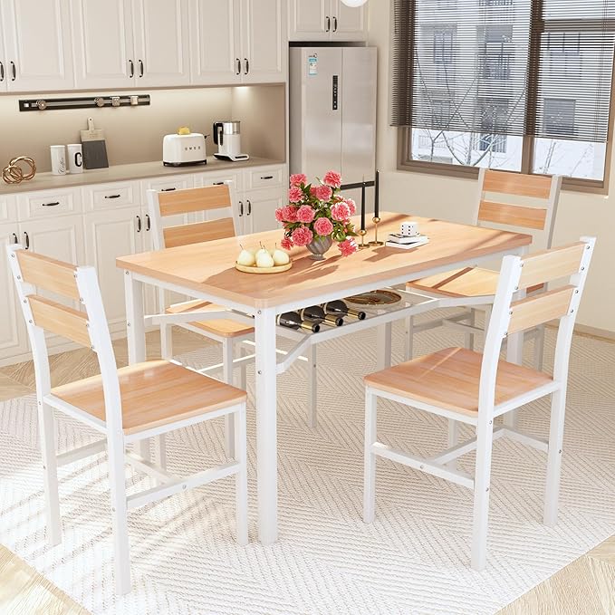Hooseng Dining Table Set for 4, Wood Kitchen Table Chairs Set with Storage, Farmhouse 5 Piece Dining Room Table Set, Space-Saving Dinette Set for Breakfast Nook, Apartment