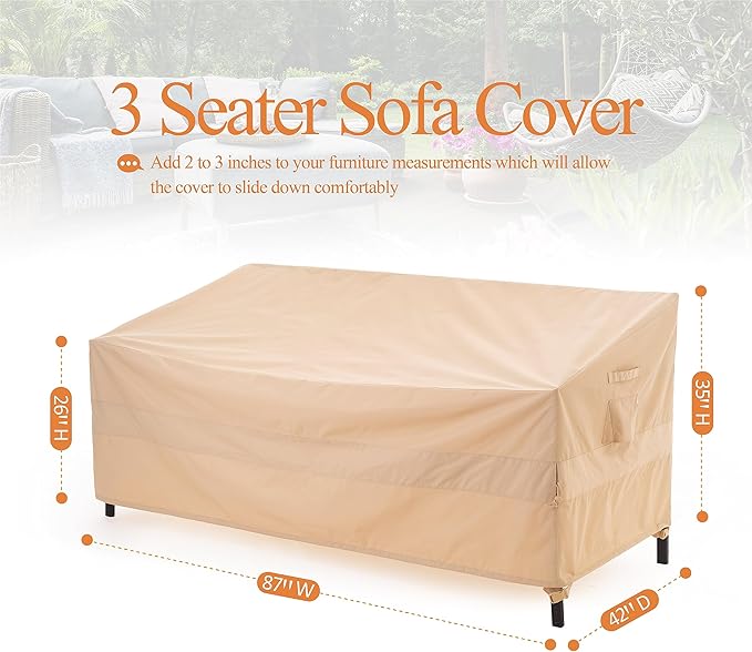 WJ-X3 Patio Sofa Covers Waterproof, 3-Seater Heavy Duty Lawn Couch Covers UV Resistant, Deck Sofa Chair Set Covers Anti-Fading, Wind Resistant, 87W x 42D x 35H Inches, Beige