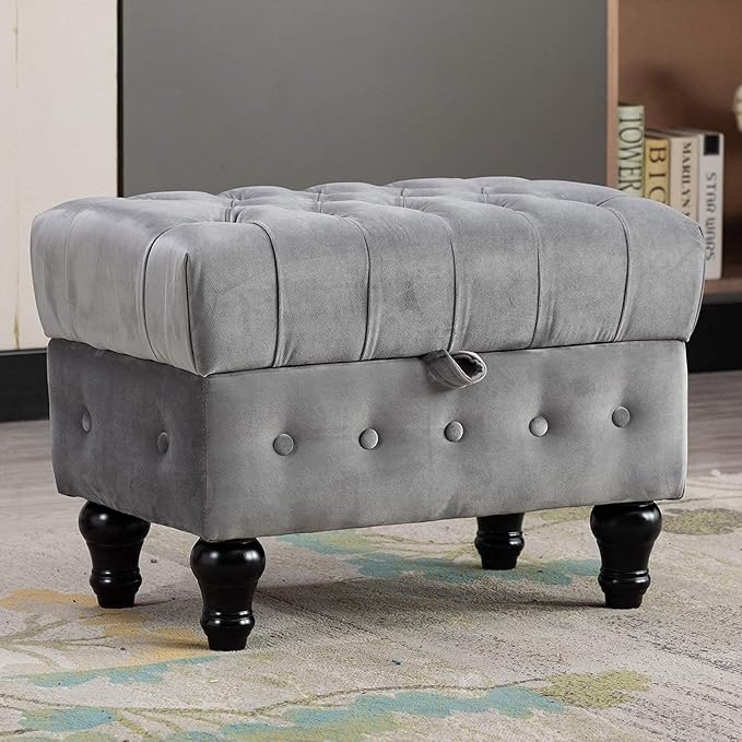 Artechworks Rectangular Storage Coffee Table Ottoman,Button Tufted Upholstery Footstool Bedroom Ottoman for Living Room, Home Office, Space-Saving Storage Toy Box Stool, Grey