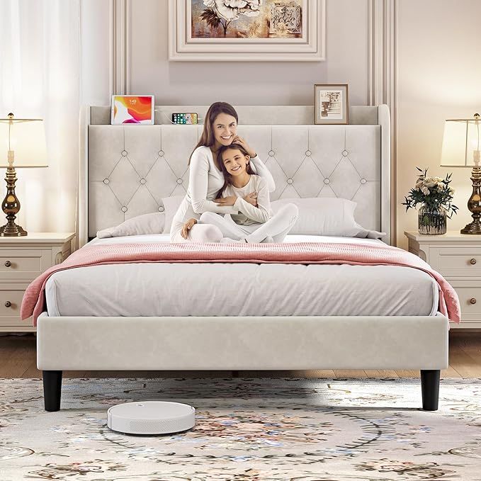 koorlian Full Size Bed Frame, Full Bed Frame with Headboard, Adjustable Velvet Upholstered Bed Frame with Type-C&USB Port, Wingback Storage Headboard, Solid Wood Slats Support, Noiseless, Beige