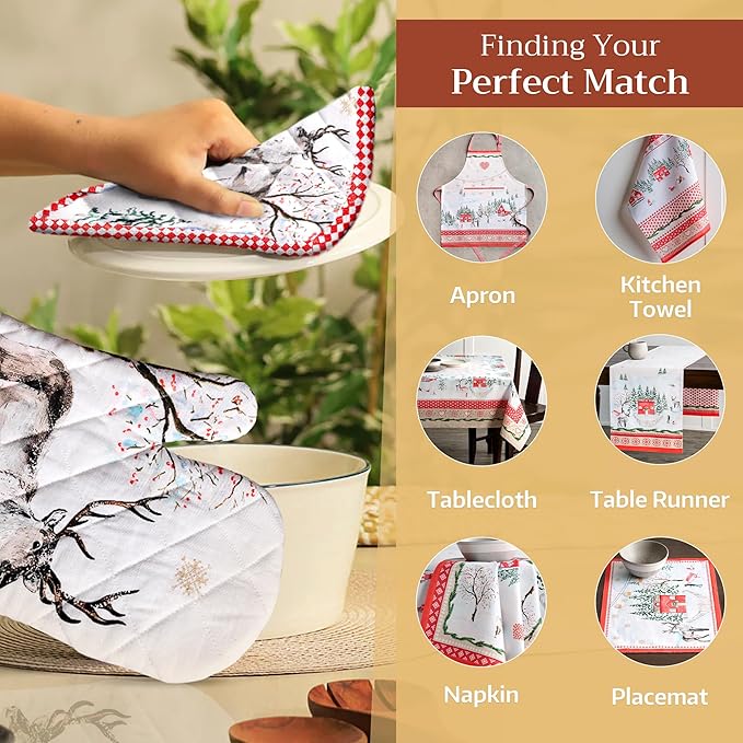 Maison d' Hermine Oven Gloves 100% Cotton Oven Mitt 7" x 13" with Loop Heat Resistant BBQ Cooking Gloves for Thanksgiving Christmas Decorations Baking Handling Hot Pans (Pack of 1, Rural Christmas)