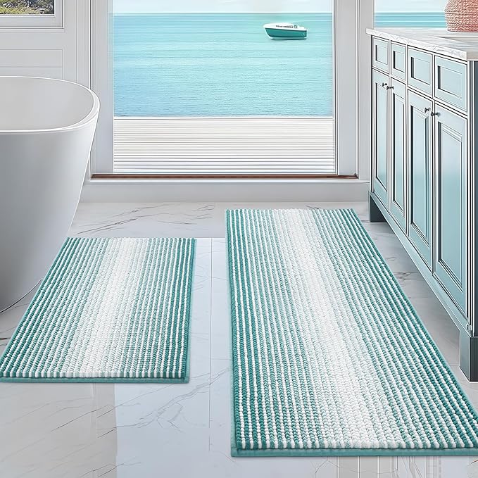 BSICPRO Bathroom Rugs and Mats Sets, 2 Piece Thick Absorbent Chenille Non Slip, Soft Shaggy Floor Mats, Machine Washable (Aqua Green, 20" x 47" Plus 16" x 24")