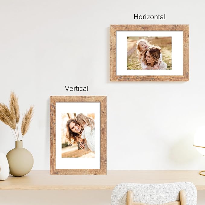 8x12 Picture Frame Set of 4 with High Definition Real Glass, Display 6x8 Pictures with Mat or 8 x 12 Without Mat, Rustic Brown Photo Frames for Tabletop and Wall Mounting