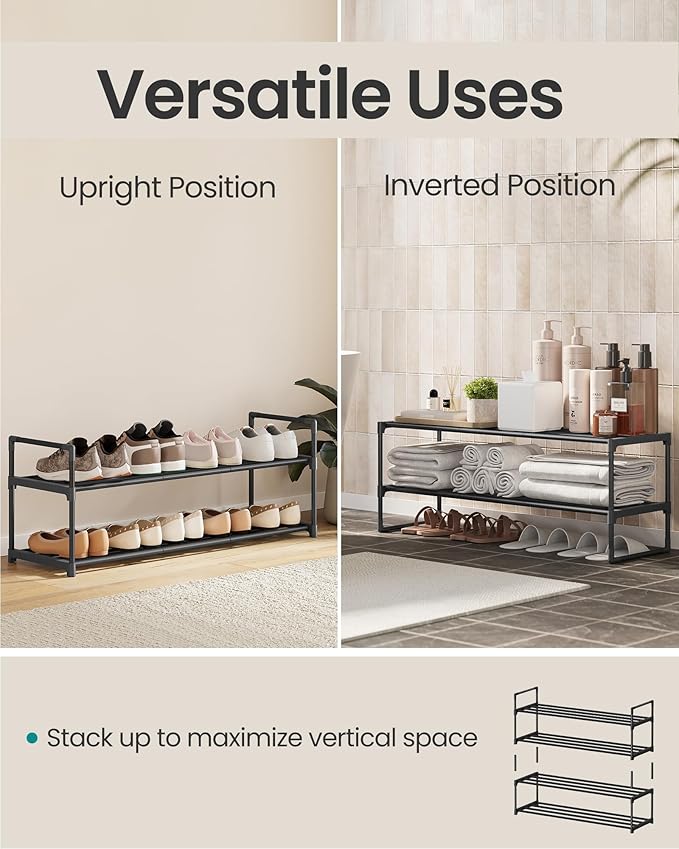 SONGMICS Shoe Rack, 2-Tier Shoe Organizer, Metal Storage Shelf, Upright or Upside Down, for 12-15 Pairs, Stackable, for Entryway, 11.8 x 36.2 x 13.4 Inches, Black ULSA12BK