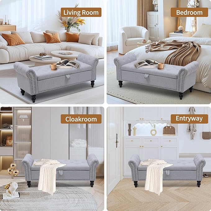 Storage Ottoman Bench with Arms, Linen End of Bed Bench for Bedroom, Button Tufted Storage Bench for Entryway, Living Room,Hallway, Large Storage Bench Foot Rest (New Grey)