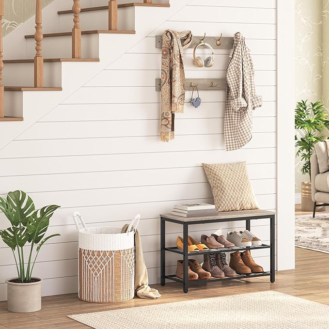 HOOBRO Hall Tree with Bench, Coat Rack Shoe Bench Set, Entryway Shoe Rack with Coat Hooks, Hall Tree Coat Rack, 27.6" L x 11.8" W x 18.1" H, Mud Room, for Foyer, Front Door, Greige BG07MT01