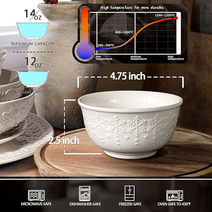 Small Ceramic Bowls - 14 Oz Ice Cream Bowls Set of 4, White Embossment Dessert Bowl for Kitchen, Soup, Side Dishes, Oatmeal, Rice, 4.75 Inch Microwave Oven Safe(Snowflake)