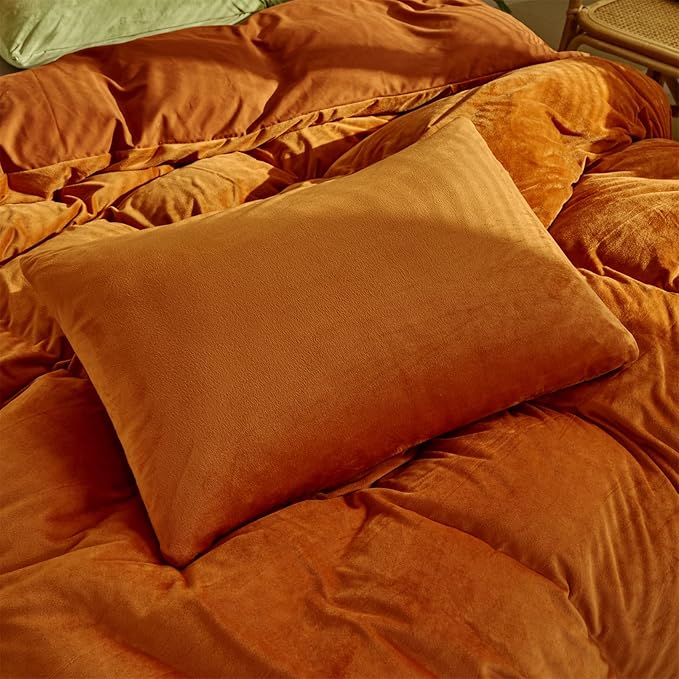 Burnt Orange Velvet Comforter Set Queen – 3-Piece Luxuriously Solid Soft Plush Bedding Set Cozy Fluffy Quilt with 2 Pillowcases Stylish All-Season Warm Comforter