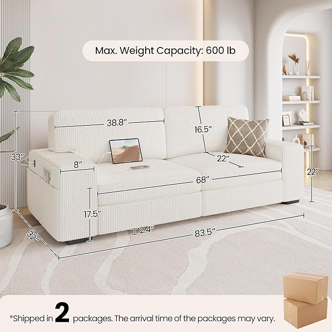 Yaheetech 83.5" W Modern Sofa Couch Corduroy Fabric Sofa with Detachable Cover, USB Charging Ports & Side Storage Pockets for Living Room Apartment, Ivory