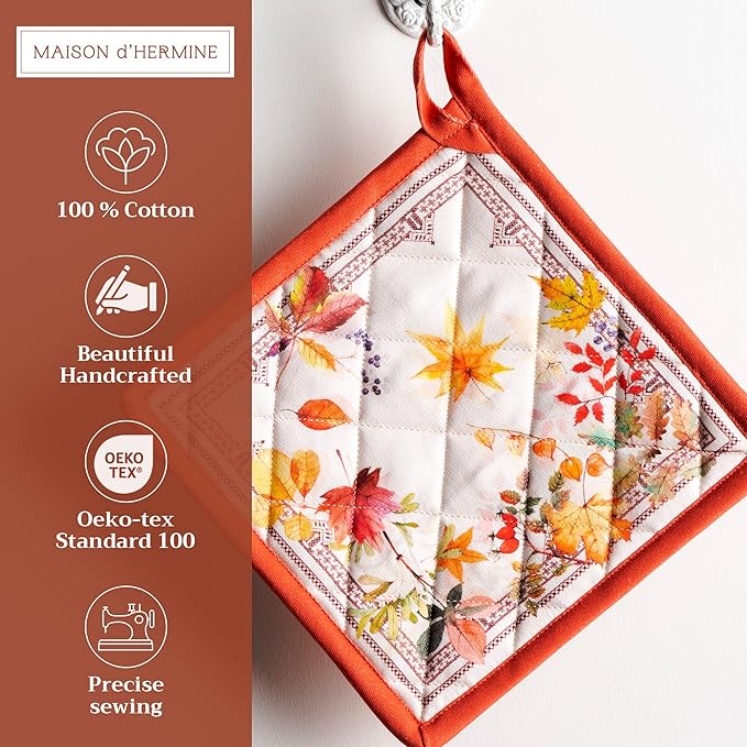 Maison d' Hermine Pot Holders Set 100% Cotton Heat Resistant Potholders 8" x 8" Hot Pads with Loop for Thanksgiving Christmas Decorations BBQ Cooking Baking Handling Hot Pans (Pack of 2, Amarante)
