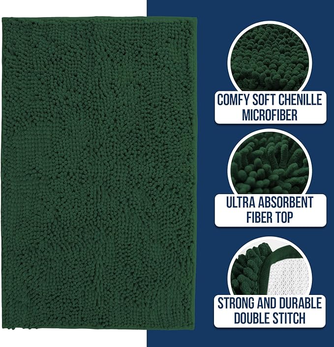 Muddy Mat Chenille Bathroom Rugs Quick Dry Microfiber Mats Non Slip Washable, Extra Thick, Soft and Highly Absorbent Bath Mats for Bathroom, Kitchen, and Shower Floor - Dark Green Small 28"X18"