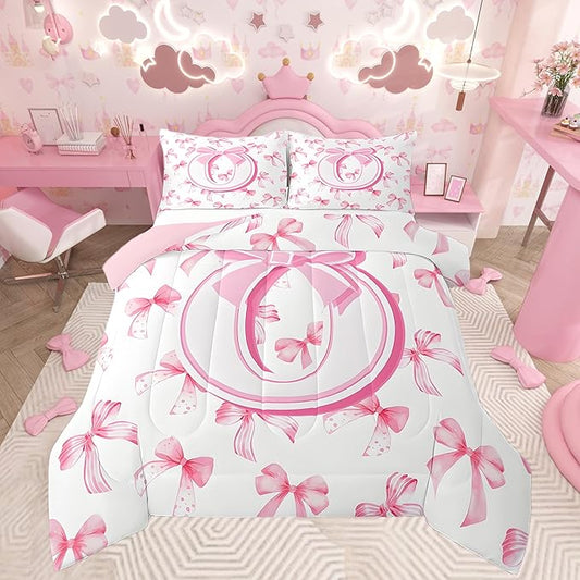 jejeloiu Kids Girls Cute Pink Bow Comforter Set Toddler Size Monogrammed Bedding Set Ultra Soft Personalized Initial O Duvet Quilt Coquette Bow Knot Quilt Set Room Decor Modern Fashion Comforter