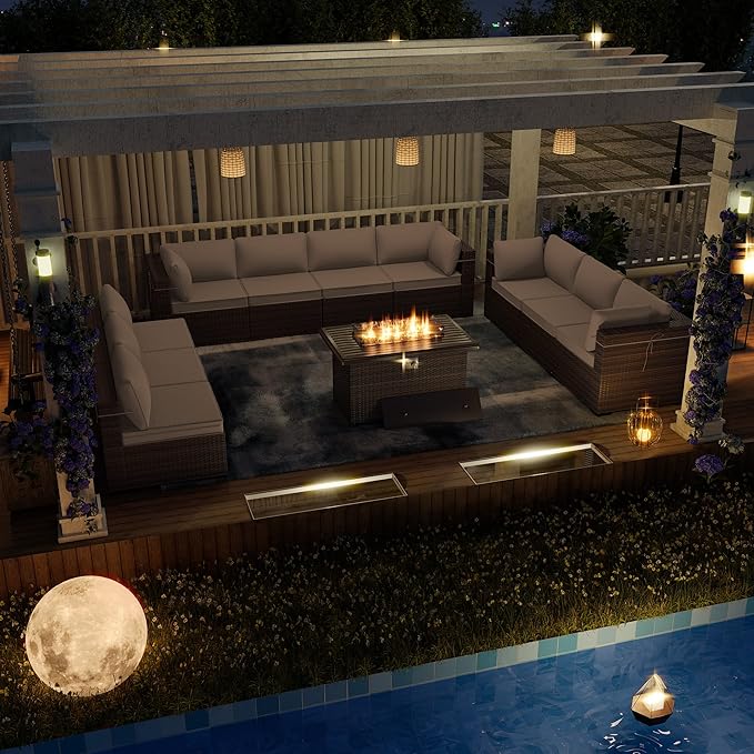 Kurapika 11 Pieces Patio Furniture Set, Rattan Wicker Outdoor Conversation Sets w/43in Propane Fire Pit Table and 4 Inch Cushion(Sand)