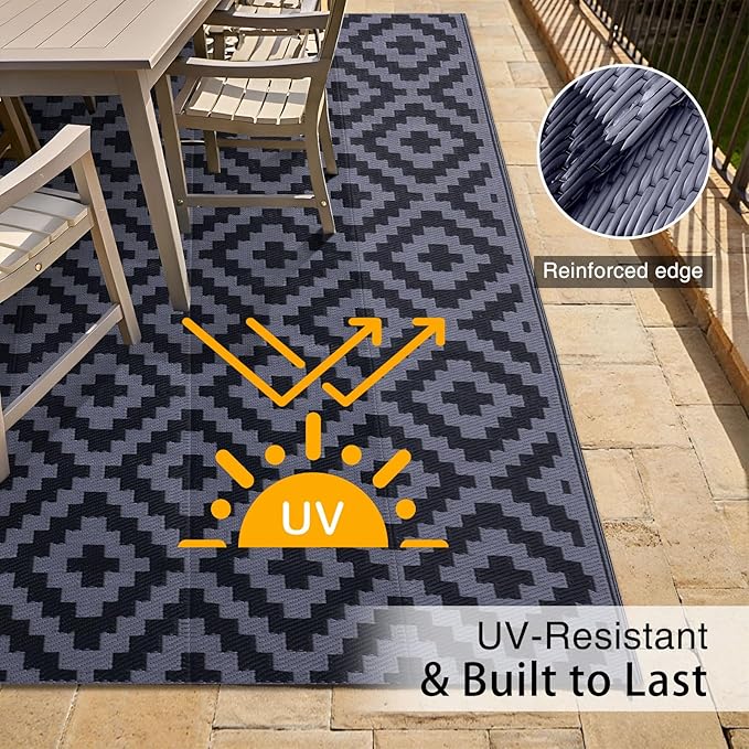 OLANLY Waterproof Outdoor Rug 5x8 ft, Outdoor Plastic Straw Rug for Camping, RV Mat Outside, Indoor Outdoor Carpet for Porch, Deck, Backyard, Balcony, Picnic, Black & Grey