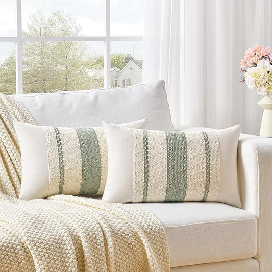 Fancy Homi Set of 2 Sage Green Boho Lumbar Decorative Throw Pillow Covers 12x20 Inch for Living Room Bedroom Couch Bed Chair, Rustic Retro Cushion Case, Bohemian Room Home Decor