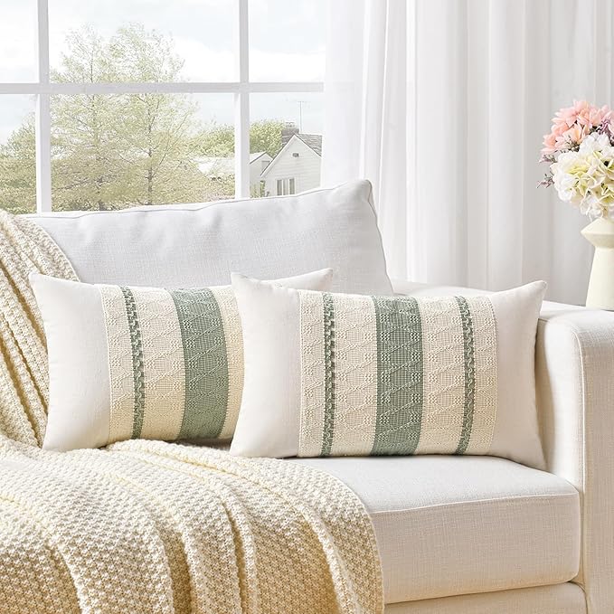 Fancy Homi Set of 2 Sage Green Boho Lumbar Decorative Throw Pillow Covers 14x24 Inch for Living Room Bedroom Couch Bed Sofa, Rustic Retro Cushion Case, Bohemian Room Home Decor