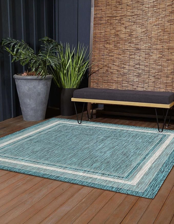Unique Loom Outdoor Border Collection Area Rug - Soft Border (12' Square Teal/Ivory)