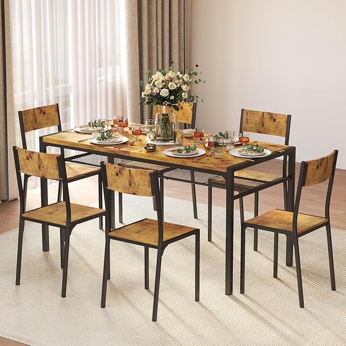 Gizoon Dining Table Set for 6 with Chairs, 7-Piece Kitchen Table Set for Small Space, Apartment, Kitchen, Dining Room, Space-Saving