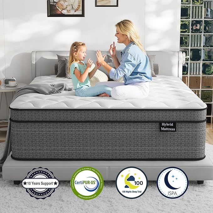 Queen Mattress, 10 Inch Plush Hybrid Queen Size Mattresses in a Box, with Gel Memory Foam and Pocket Springs for Pressure Relief, Cooling, CertiPUR-US Certified