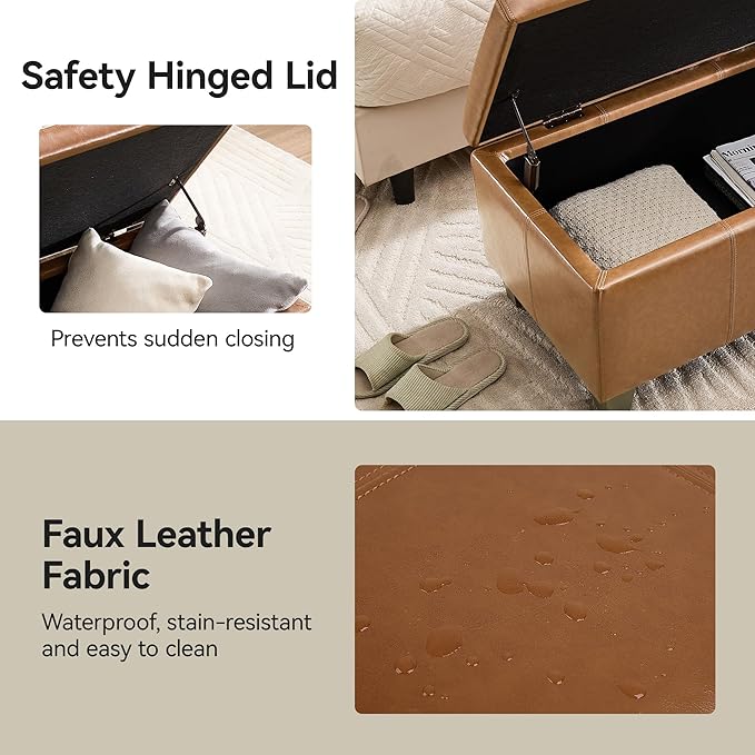 51" Faux Leather Storage Ottoman, Stitch Tufted Rectangle Upholstered End of Bed Storage Bench, Entryway Large Couch Ottoman with Wooden Legs, Light Brown