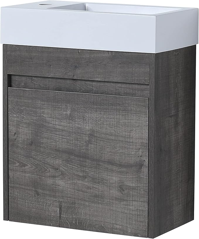 Goujxcy 18" Wall Mounted Bathroom Vanity with Sink, Modern Floating Bathroom Cabinet with White Resin Wash Basin & Storage Cabinet, Soft-Close Door Wood Hanging Bath Room Cabinet