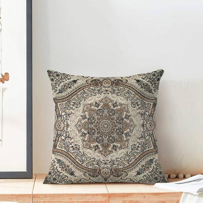 Boho Throw Pillow Covers 18x18 Inch Set of 2, Linen Ethnic Design Pattern Decorative Throw Pillow Covers Gray Carpet Pattern Outdoor Cushion Cover for Sofa Couch Farmhouse Room Bed Decor