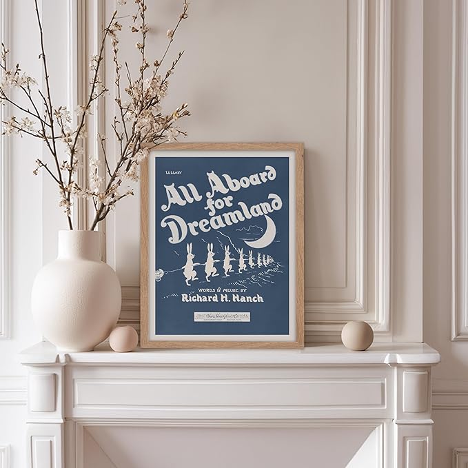 Poster Master All Aboard For Dreamland Poster - Retro Children's Lullaby Print - Story Book Art - Bunny Art - Rabbit Art - Aesthetic Art - Kid's Bedroom or Nursery Wall Decor, 8x10 Beige Framed