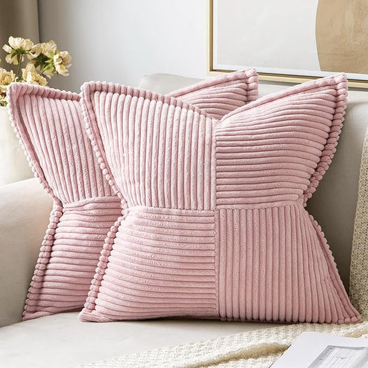 MIULEE Decorative Throw Pillow Covers for Couch Bed Livingroom 18x18 Inch Set of 2 Pink Boho Accent Throw Pllows Broadside Striped Patchwork Soft Corduroy Pillowcases