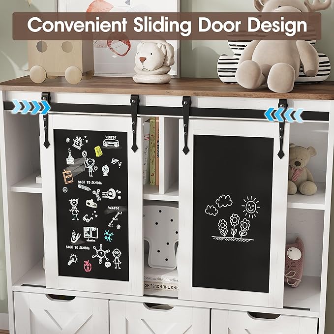 Vabches Toy Storage Organizer with Sliding Blackboard, Kids Bookshelf and Bookcase with 3 Movable Drawers & 5 Storage Cubbies, Multifunctional Storage Cabinet Toy Chest for Playroom,Nursery, Kids Room