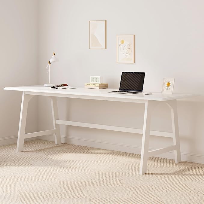 IOTXY Solid Wood Writing Table - 72" W x 24" D Minimalist Long Computer Desk for Home Office, Work, Study, Creativity, and PC Workstation, White
