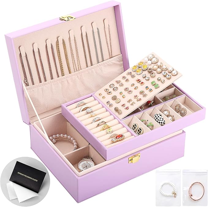 Jewelry Box for Girls Women Leather Jewelry Organizer with Lock Double Layers Jewelry Storage Case Removable Tray for Necklace Earring Ring with Polishing Cloth and Jewelry Bags, Home Decor Gifts